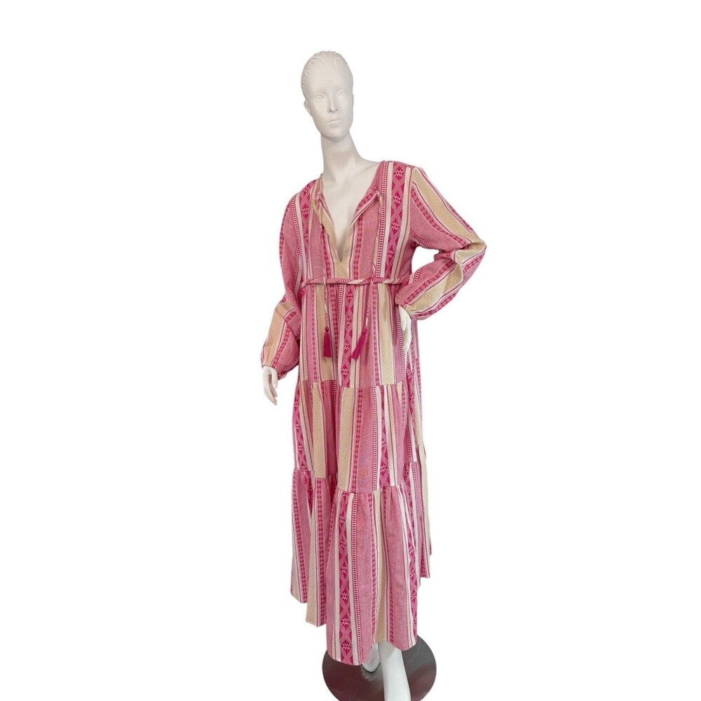 SLV Sur La Vague Pink & white Boho Maxi Dress Tiered Long Sleeves $240 Size O/S
